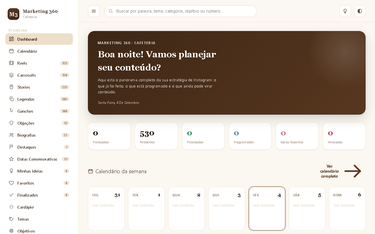 Print da tela do sistema — Marketing 360 — Cafeteria