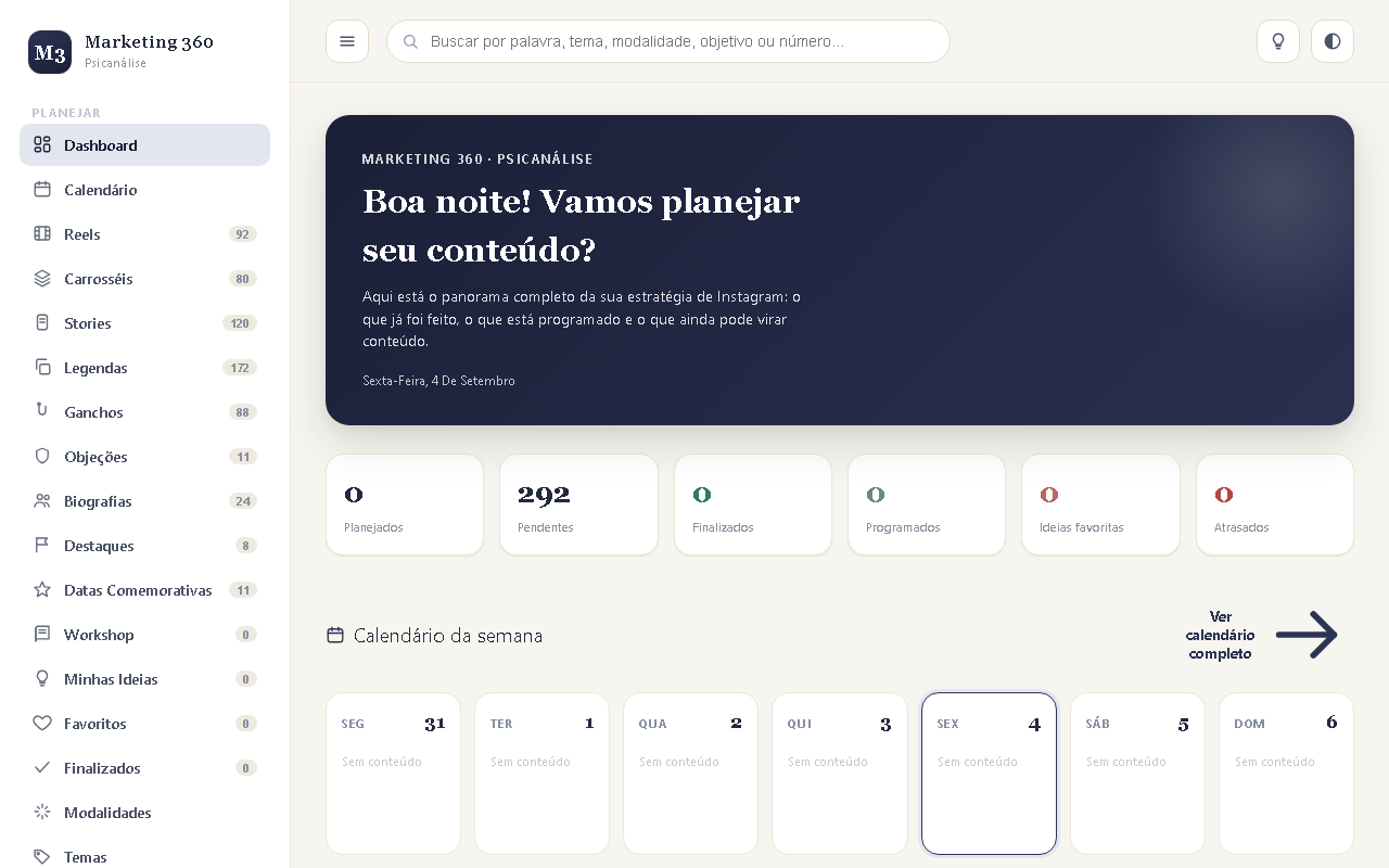 Print da tela do sistema — Marketing 360 — Psicanálise