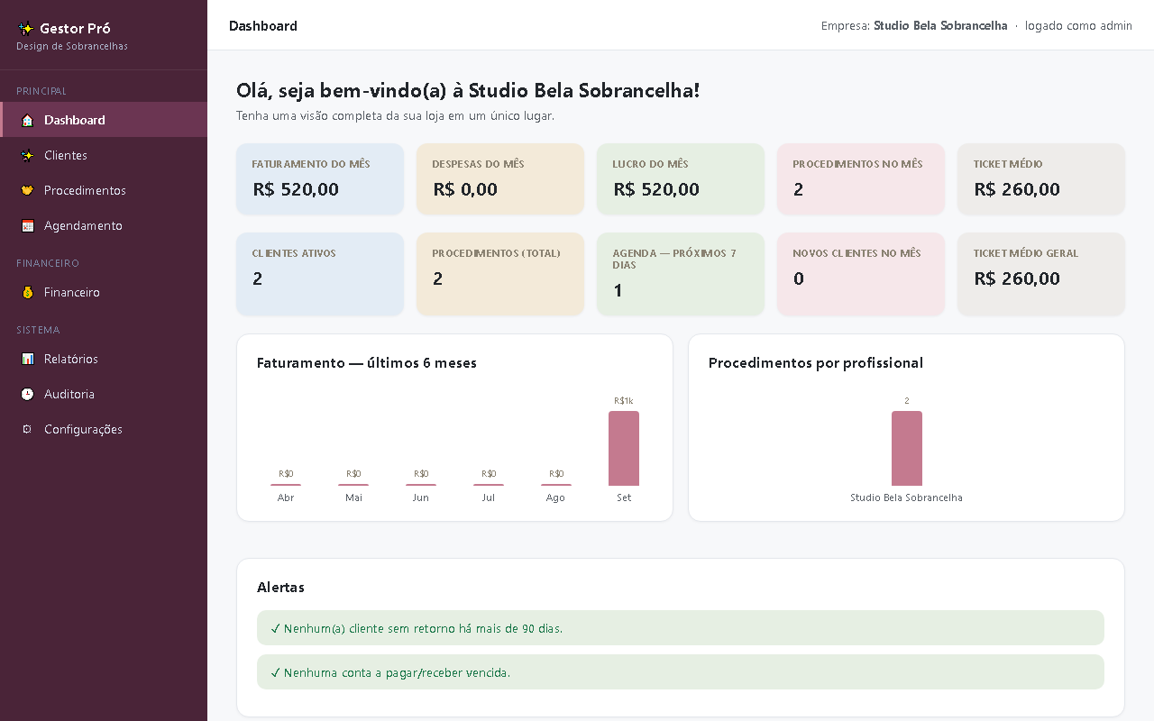 Print da tela do sistema — Gestor Pró — Design de Sobrancelhas