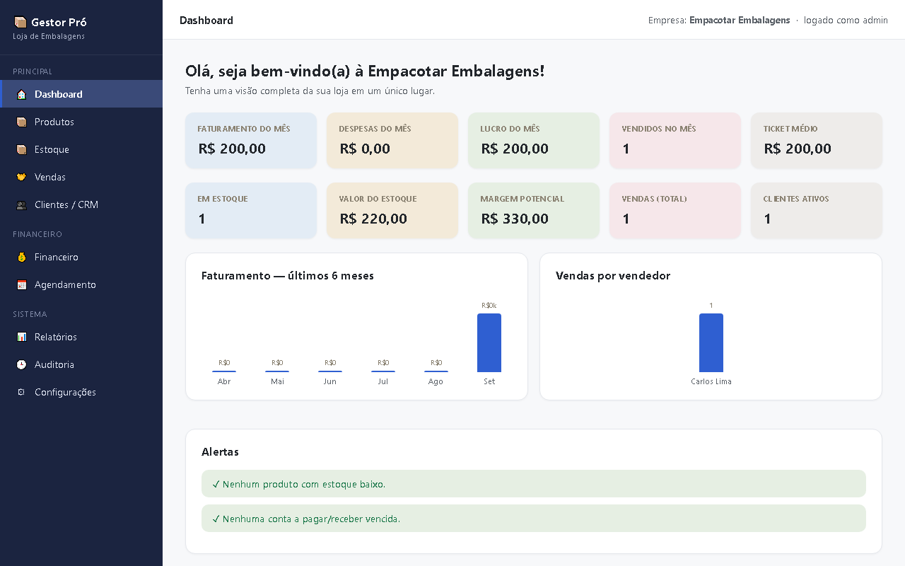 Print da tela do sistema — Gestor Pró — Loja de Embalagens