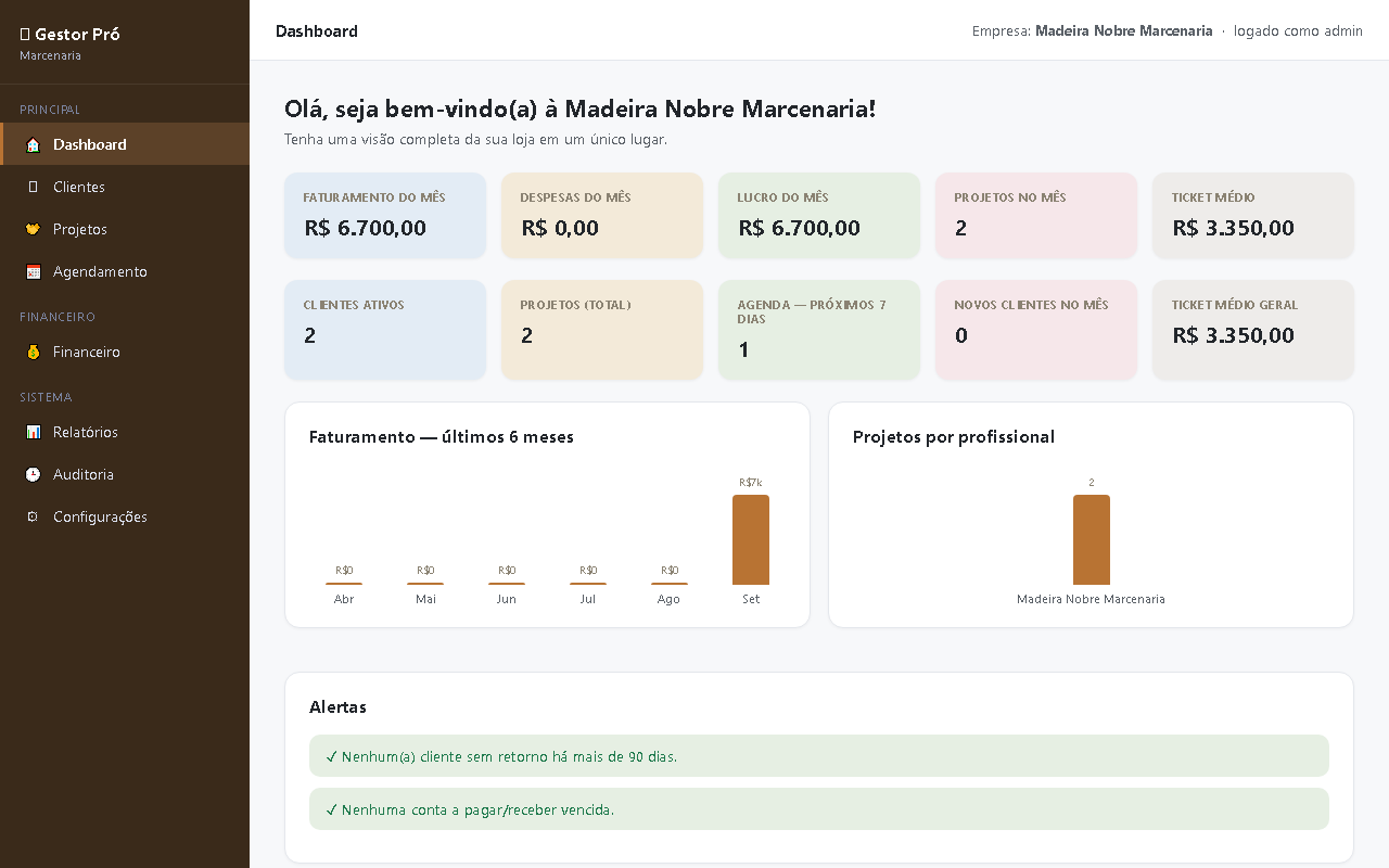 Print da tela do sistema — Gestor Pró — Marcenaria